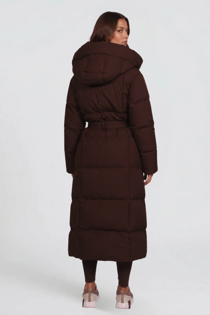 Women's Long Padded Coat with Hood and Tie Belt