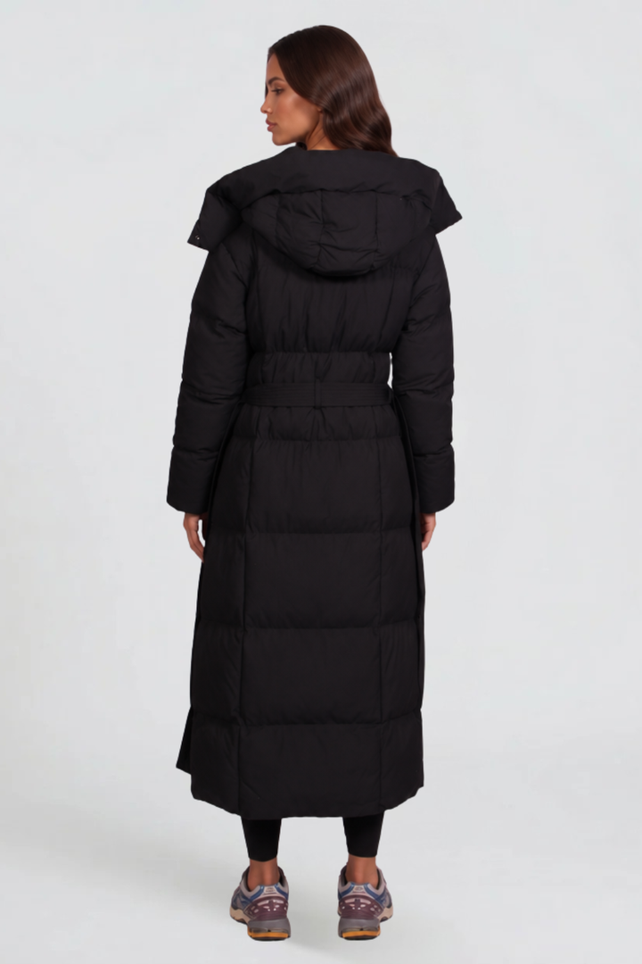 Women's Long Padded Coat with Hood and Tie Belt