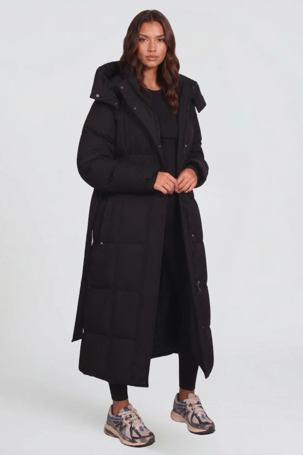 Women's Long Padded Coat with Hood and Tie Belt