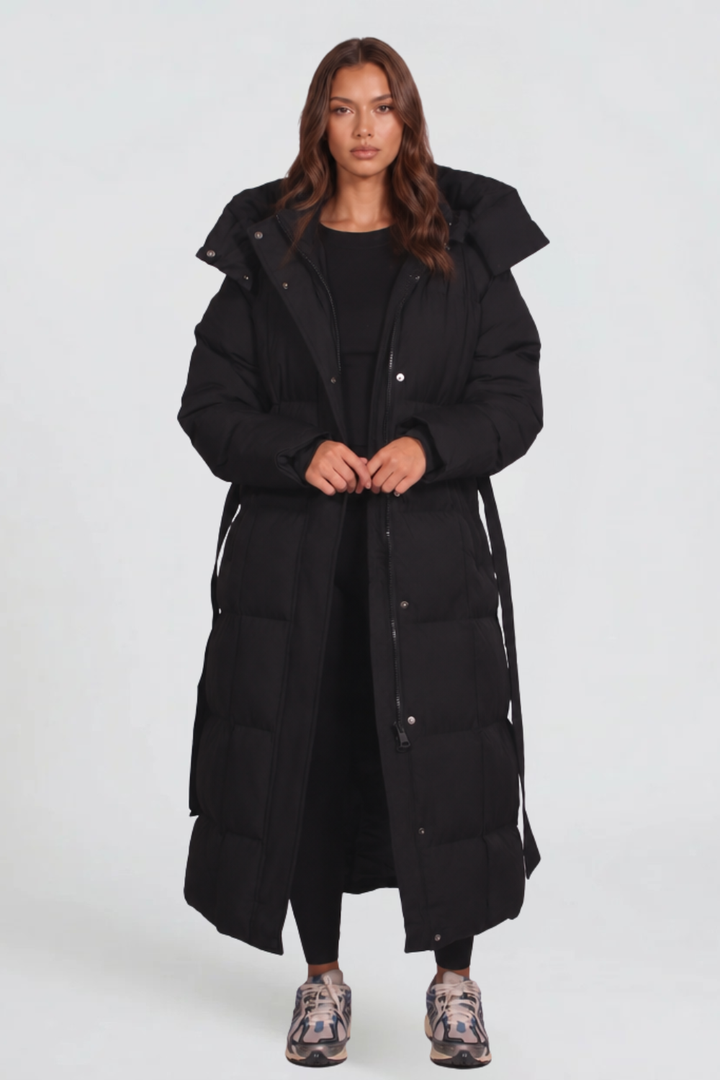 Women's Long Padded Coat with Hood and Tie Belt
