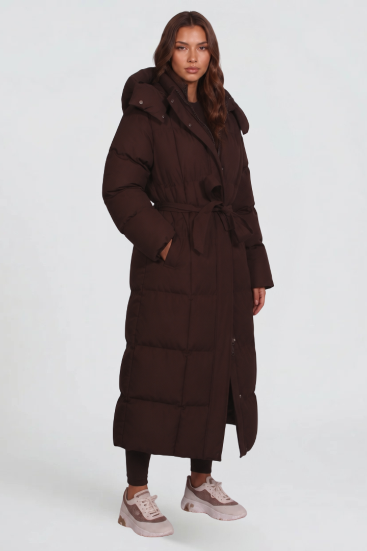 Women's Long Padded Coat with Hood and Tie Belt