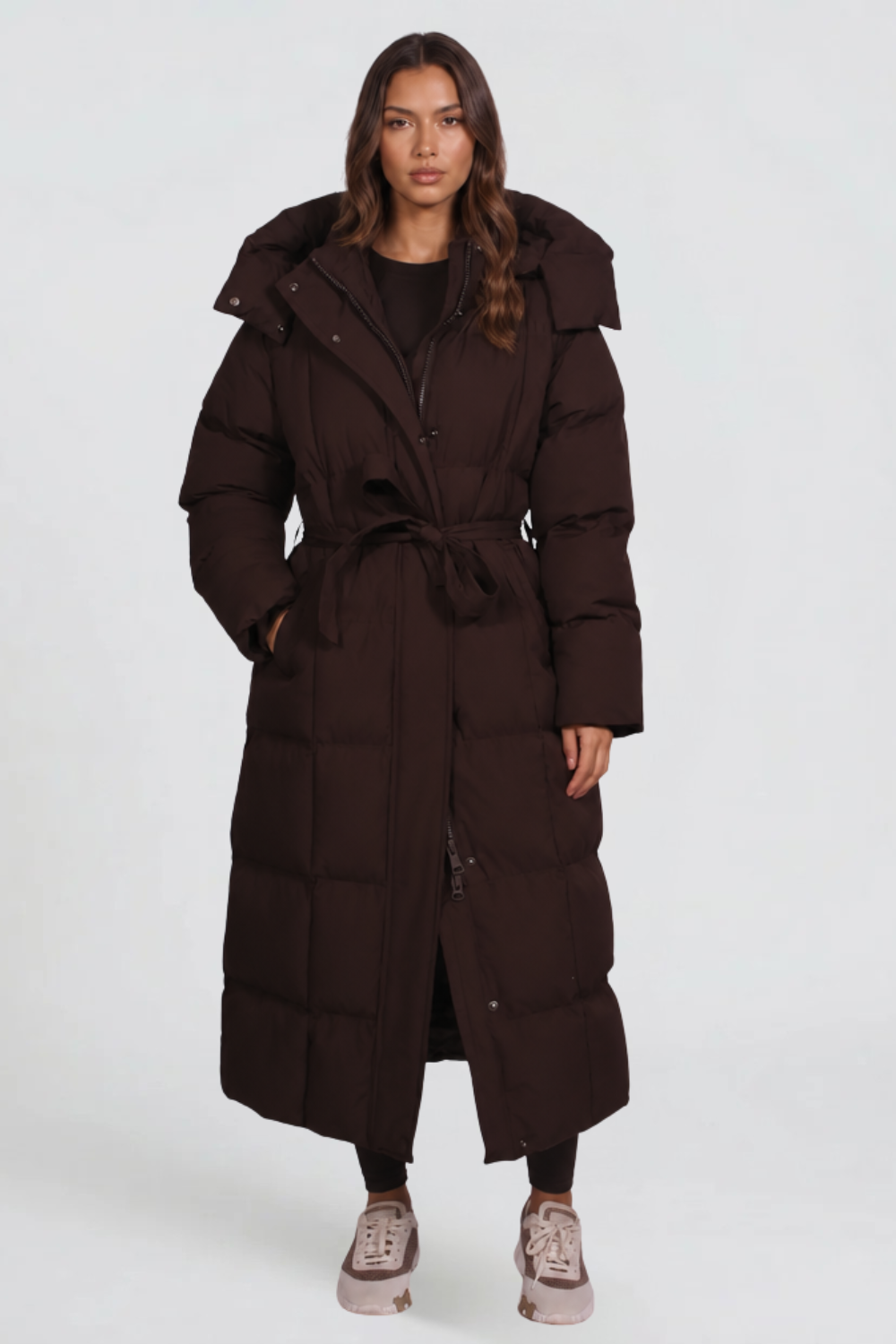 Women's Long Padded Coat with Hood and Tie Belt