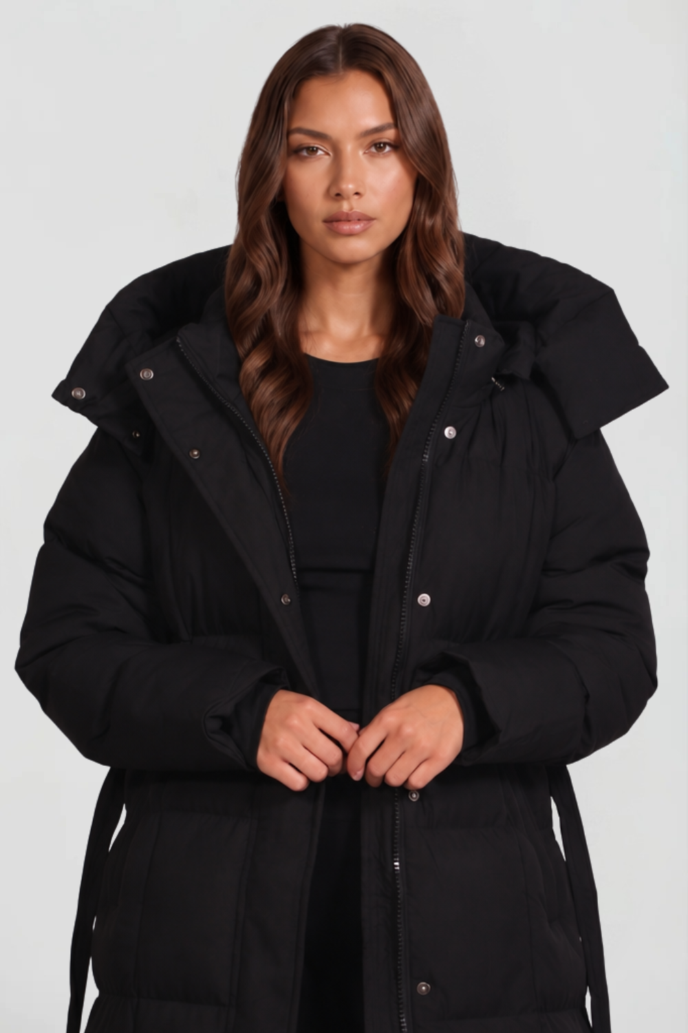 Women's Long Padded Coat with Hood and Tie Belt