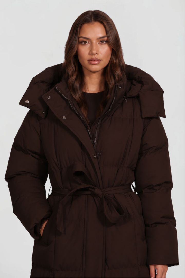 Women's Long Padded Coat with Hood and Tie Belt