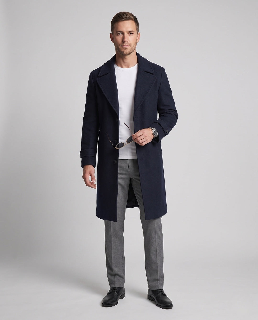 Men's Maxilength Wool Blend Long Coat with Narrow Lapels and Timeless Silhouette