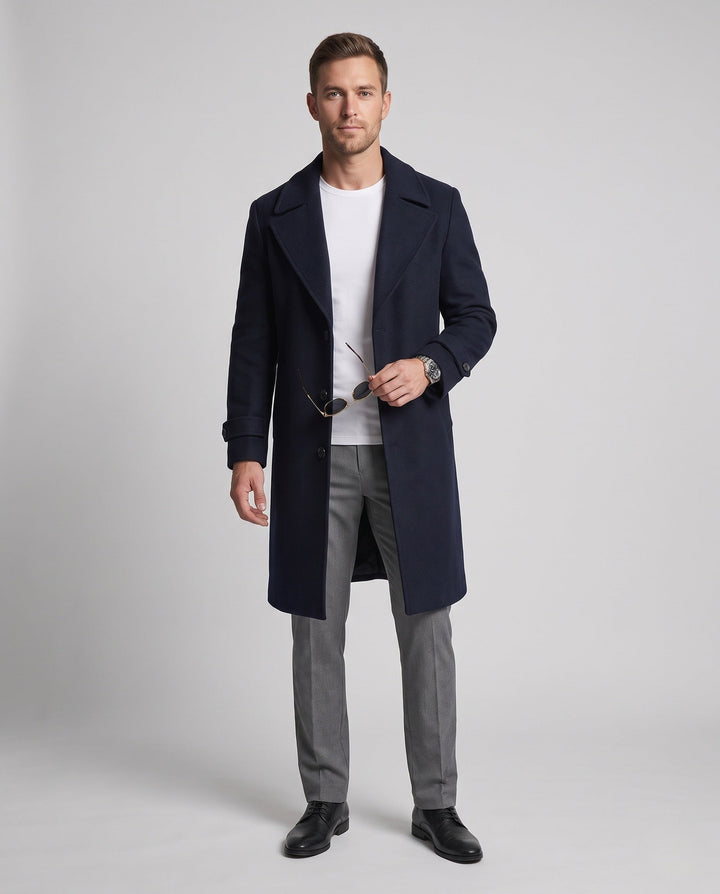 Men's Maxilength Wool Blend Long Coat with Narrow Lapels and Timeless Silhouette