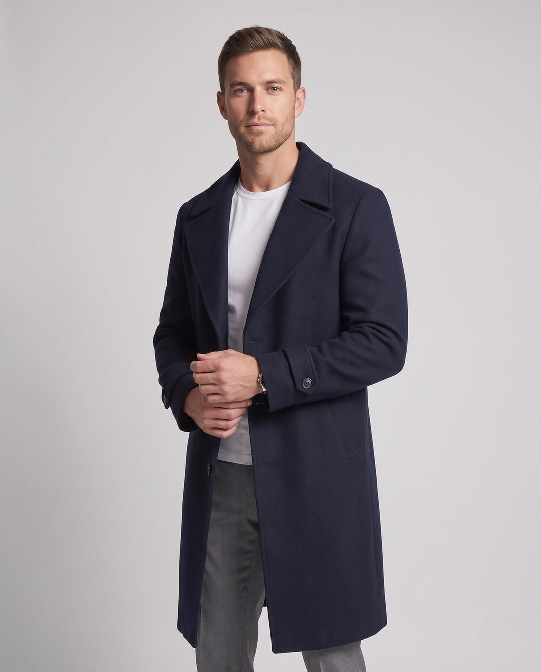 Men's Maxilength Wool Blend Long Coat with Narrow Lapels and Timeless Silhouette