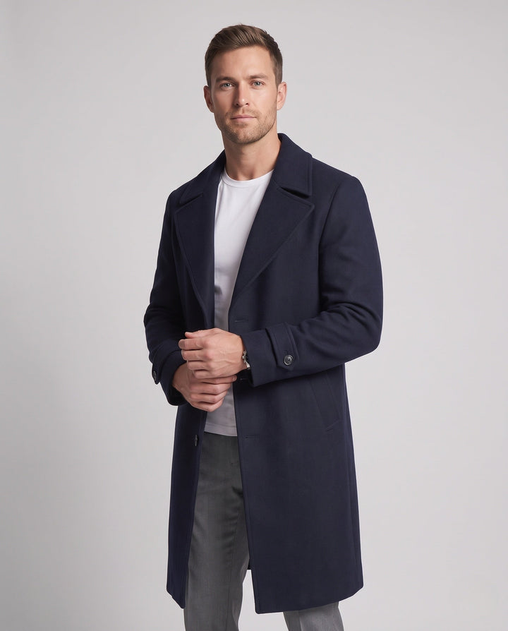 Men's Maxilength Wool Blend Long Coat with Narrow Lapels and Timeless Silhouette