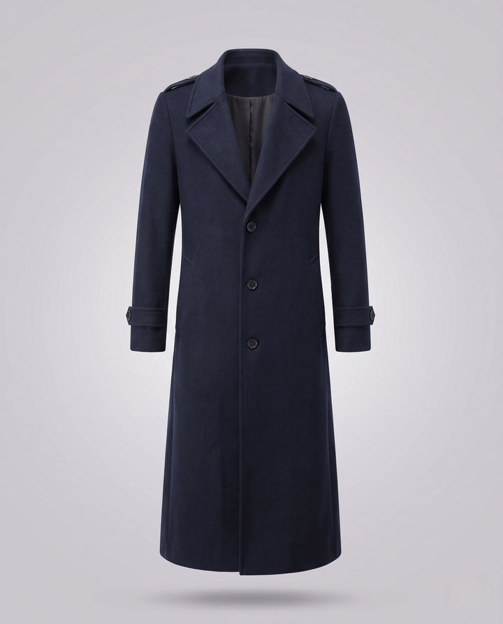 Men's Maxilength Wool Blend Long Coat with Narrow Lapels and Timeless Silhouette