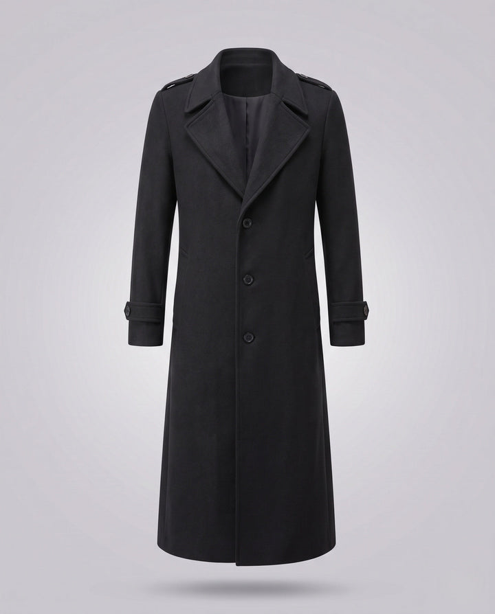 Men's Maxilength Wool Blend Long Coat with Narrow Lapels and Timeless Silhouette