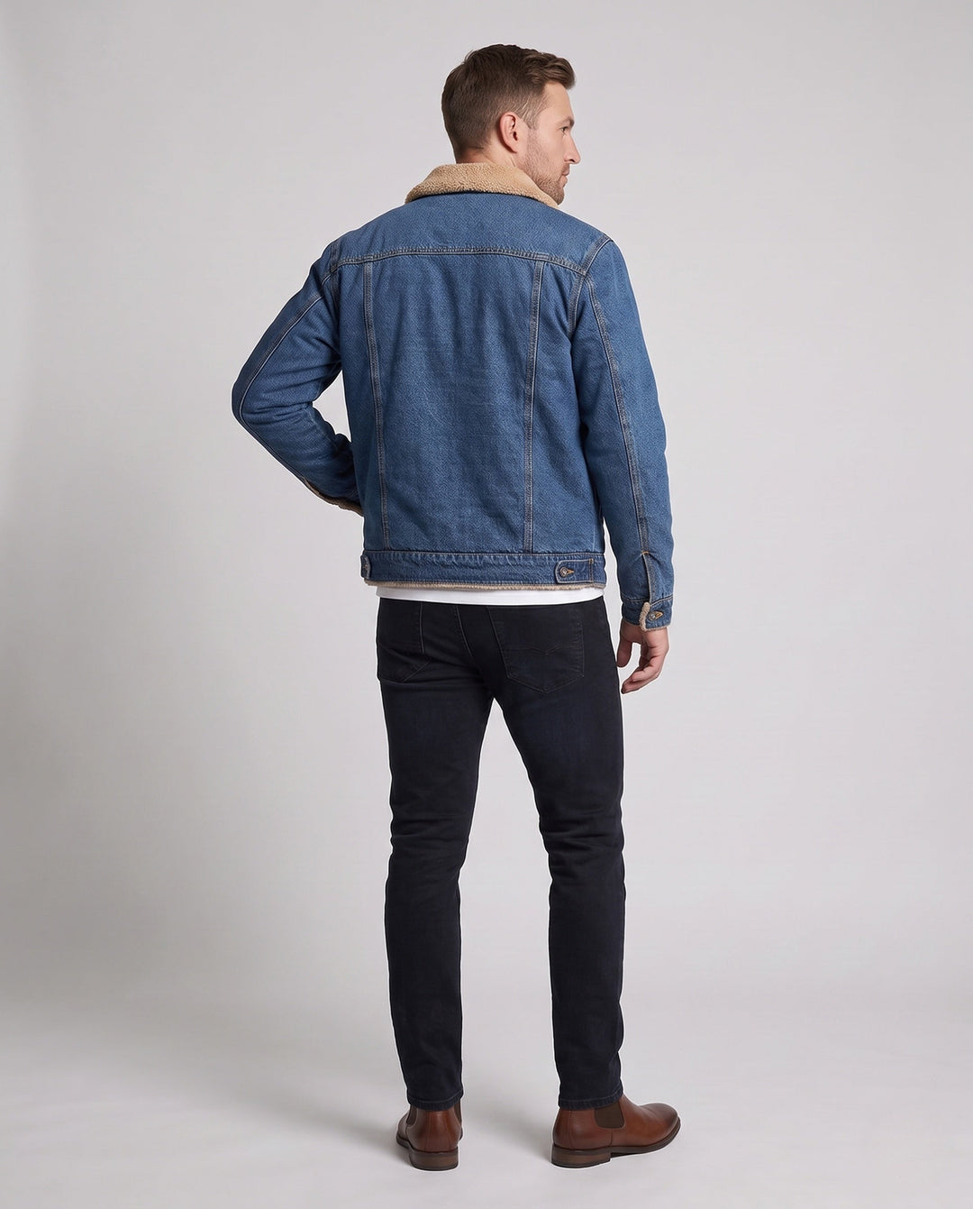 Men's Casual Denim Work Jacket with Warming Teddy Lining and Shirt Collar