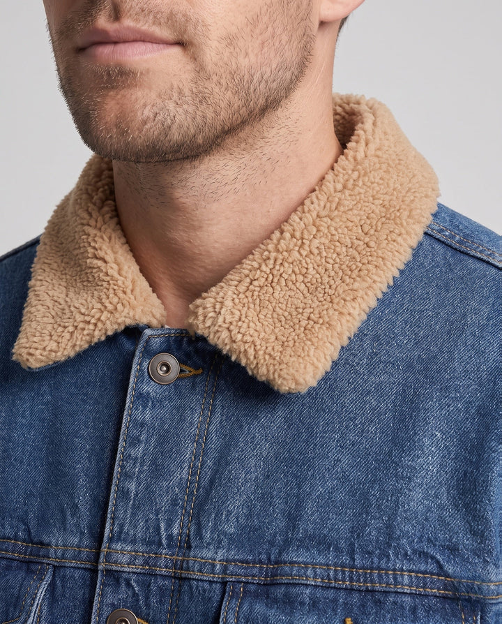 Men's Casual Denim Work Jacket with Warming Teddy Lining and Shirt Collar