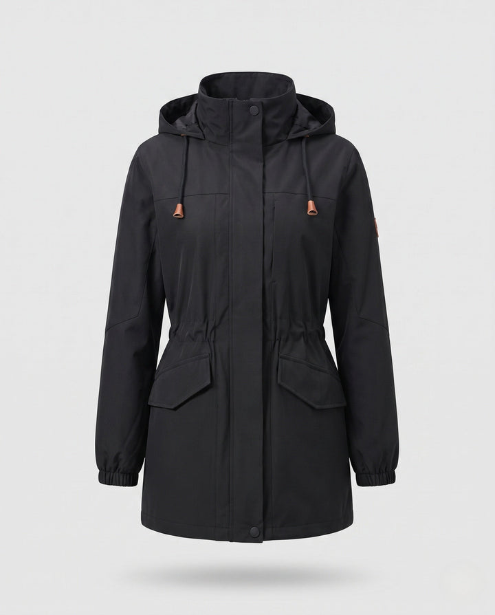 Ladies' Water-Repellent Parka with Hood, Waist Drawstring and Flap Pockets