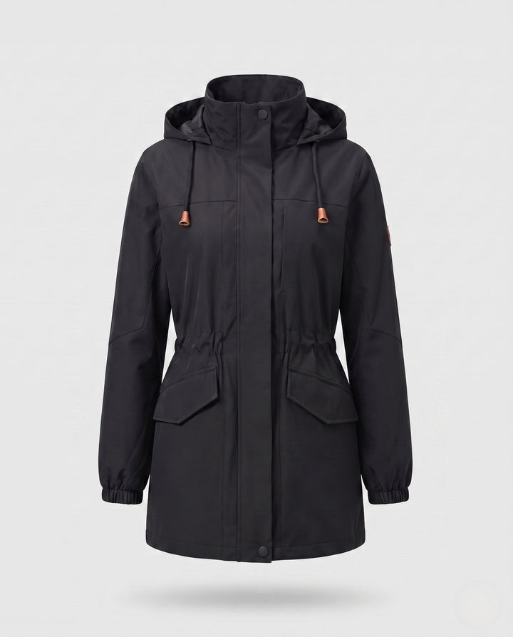 Ladies' Water-Repellent Parka with Hood, Waist Drawstring and Flap Pockets
