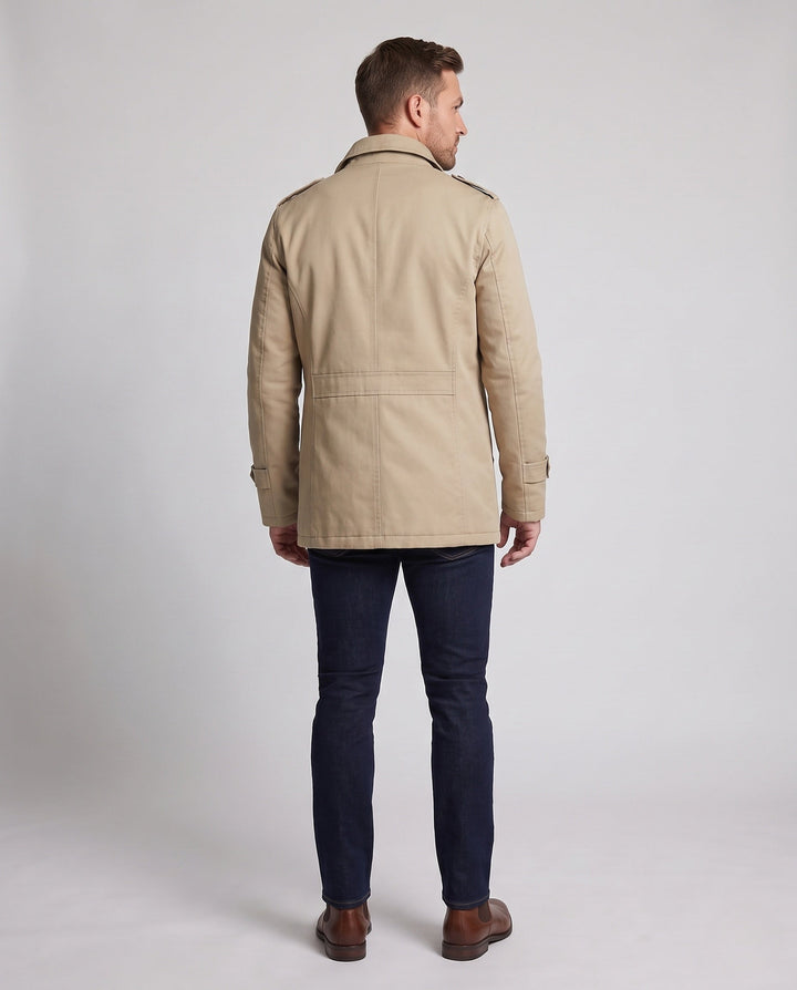 Men's Canvas Field Coat with Teddy Lining, Notched Collar and Epaulettes