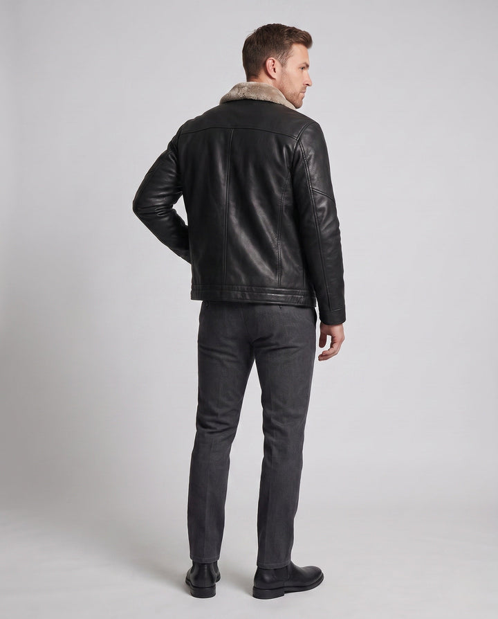 Men's Short Jacket in Aviator Style with Faux Fur Collar and Warming Padding