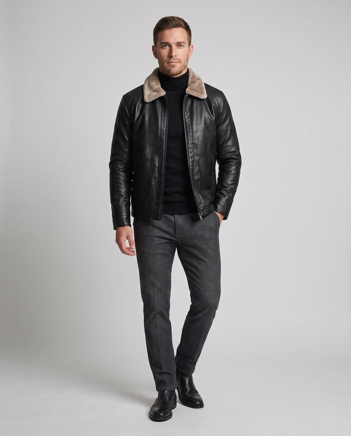 Men's Short Jacket in Aviator Style with Faux Fur Collar and Warming Padding
