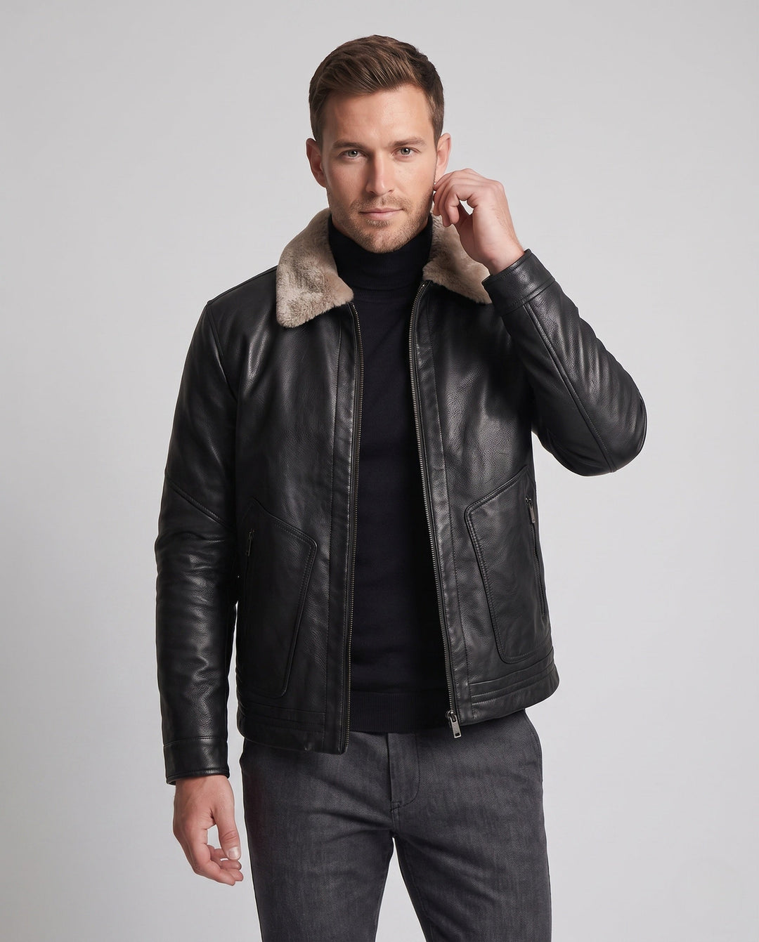 Men's Short Jacket in Aviator Style with Faux Fur Collar and Warming Padding