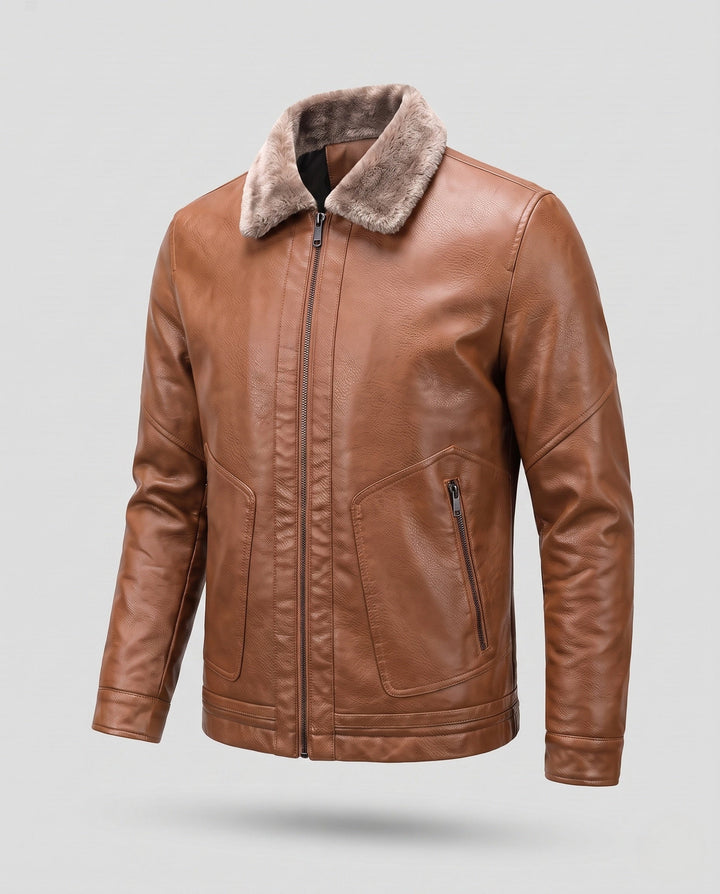 Men's Short Jacket in Aviator Style with Faux Fur Collar and Warming Padding