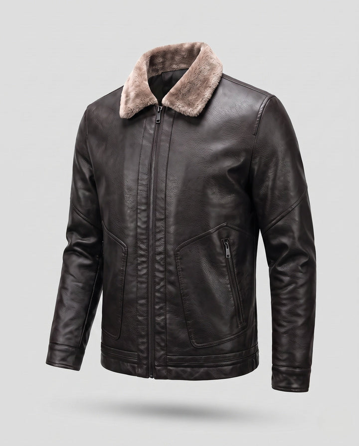 Men's Short Jacket in Aviator Style with Faux Fur Collar and Warming Padding