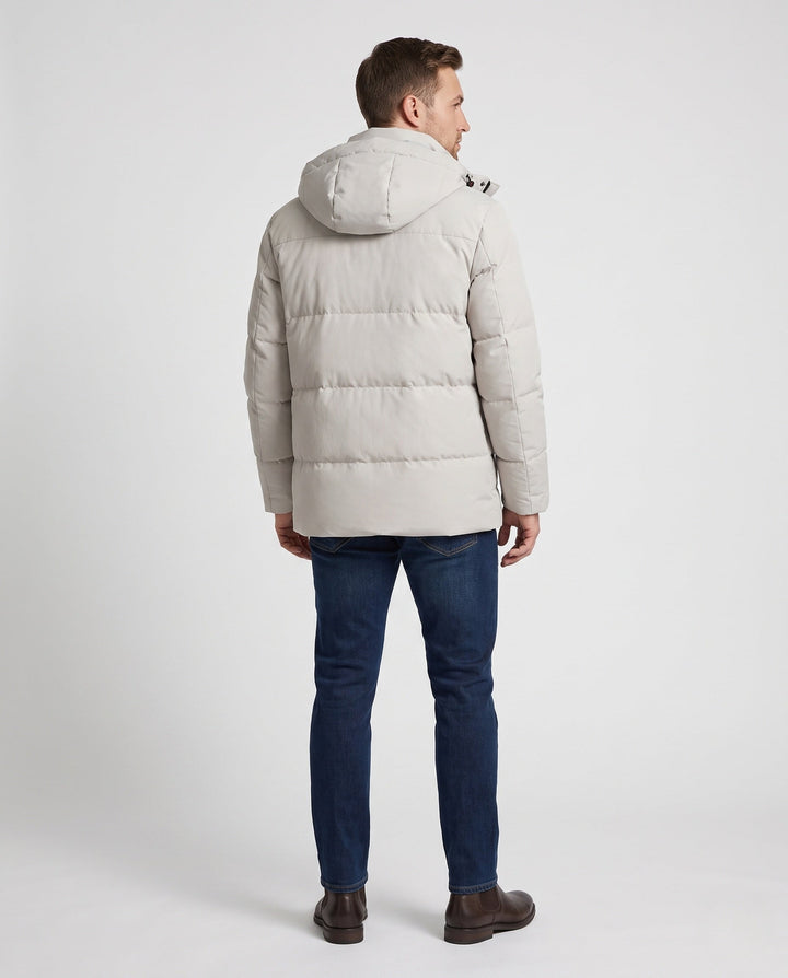 Men's Short Coat in Minimalist Quilted Design with Stowable Hood and Concealed Zip Pockets