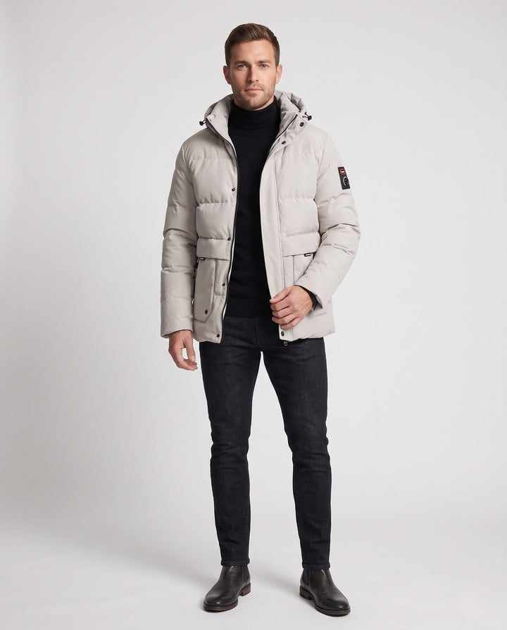 Men's Short Coat in Minimalist Quilted Design with Stowable Hood and Concealed Zip Pockets