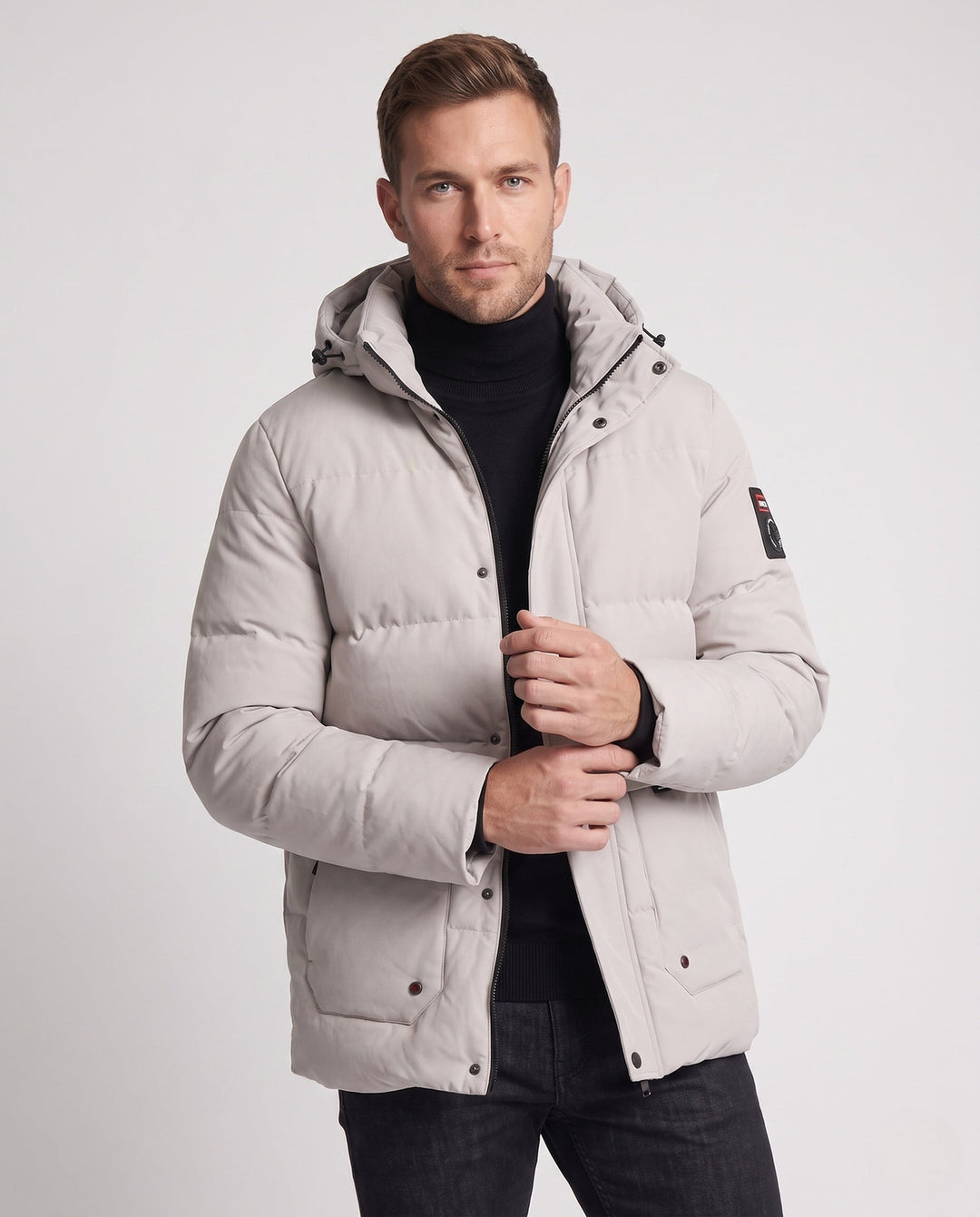 Men's Short Coat in Minimalist Quilted Design with Stowable Hood and Concealed Zip Pockets
