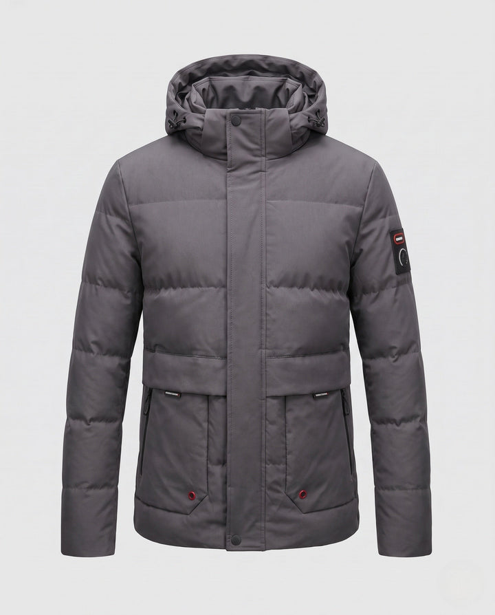 Men's Short Coat in Minimalist Quilted Design with Stowable Hood and Concealed Zip Pockets