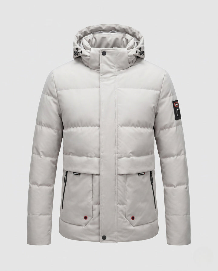 Men's Short Coat in Minimalist Quilted Design with Stowable Hood and Concealed Zip Pockets