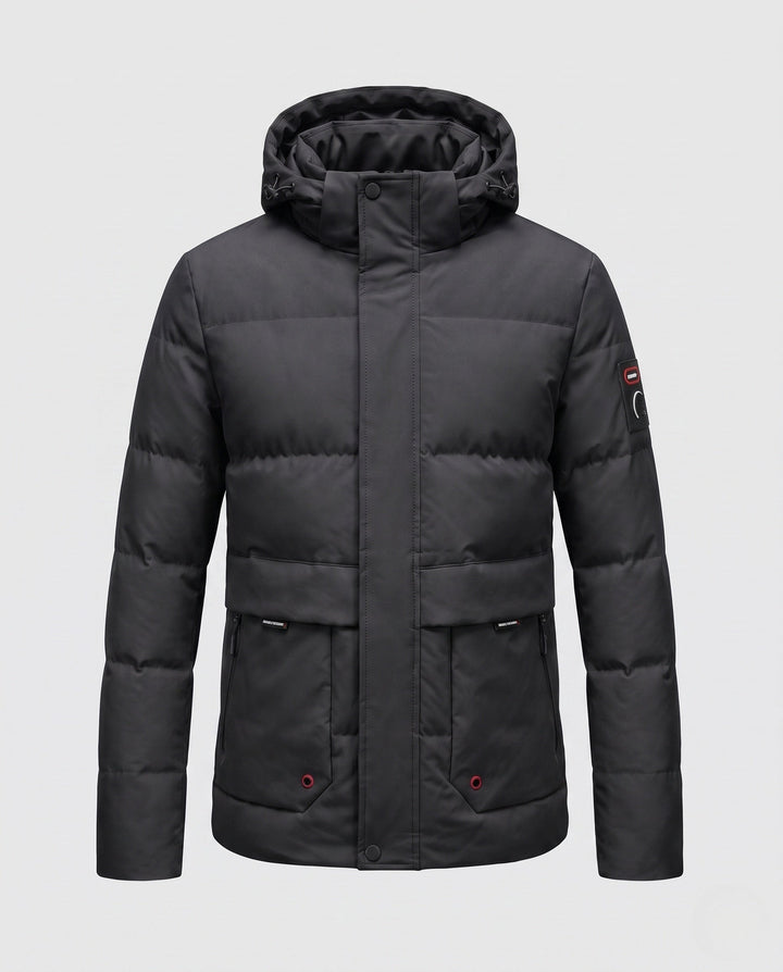 Men's Short Coat in Minimalist Quilted Design with Stowable Hood and Concealed Zip Pockets