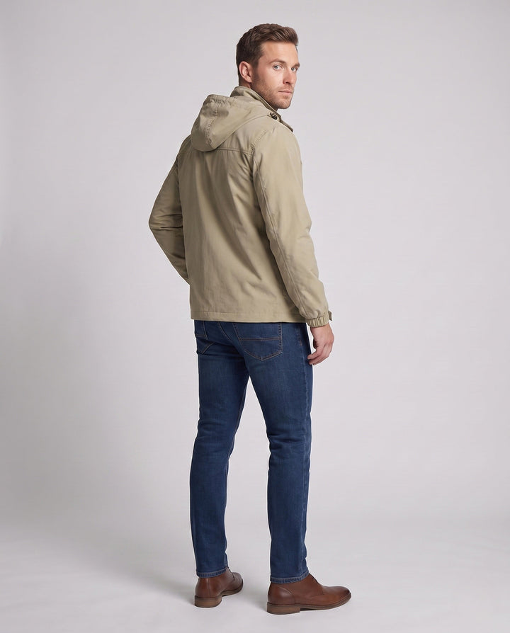 Men's Lightweight Windproof Outdoor Hooded Jacket with Chest Zip and Stowable Hood