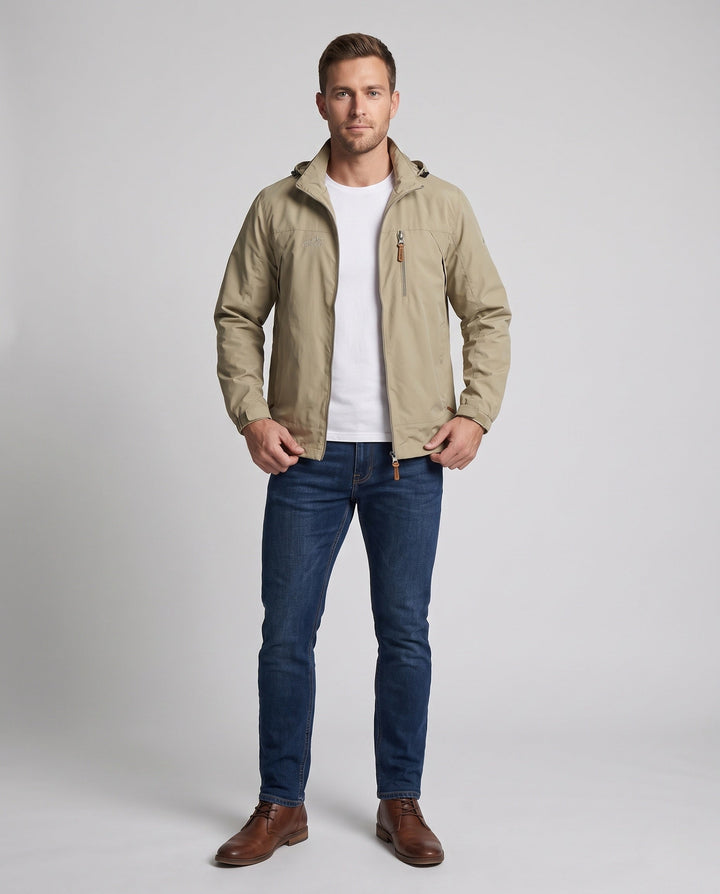Men's Lightweight Windproof Outdoor Hooded Jacket with Chest Zip and Stowable Hood