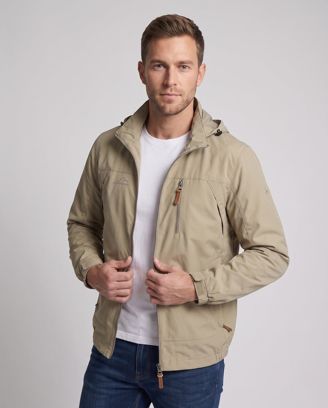 Men's Lightweight Windproof Outdoor Hooded Jacket with Chest Zip and Stowable Hood