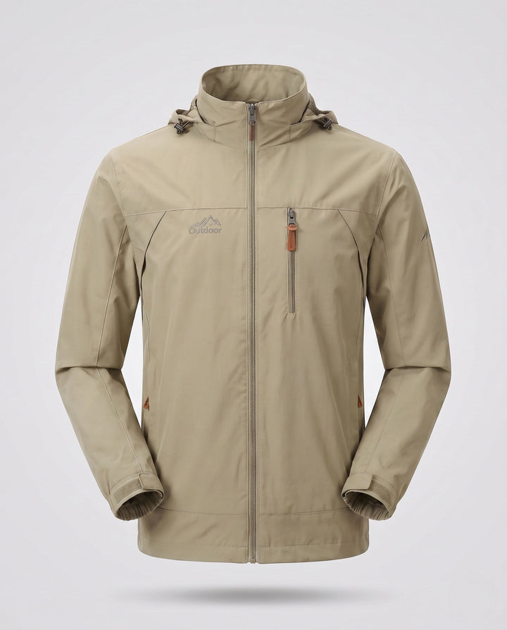 Men's Lightweight Windproof Outdoor Hooded Jacket with Chest Zip and Stowable Hood