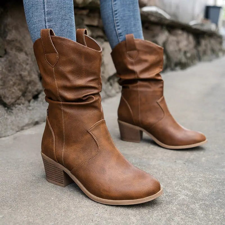 Colvara | Women's Slouchy Mid-Calf Block Heel Boots