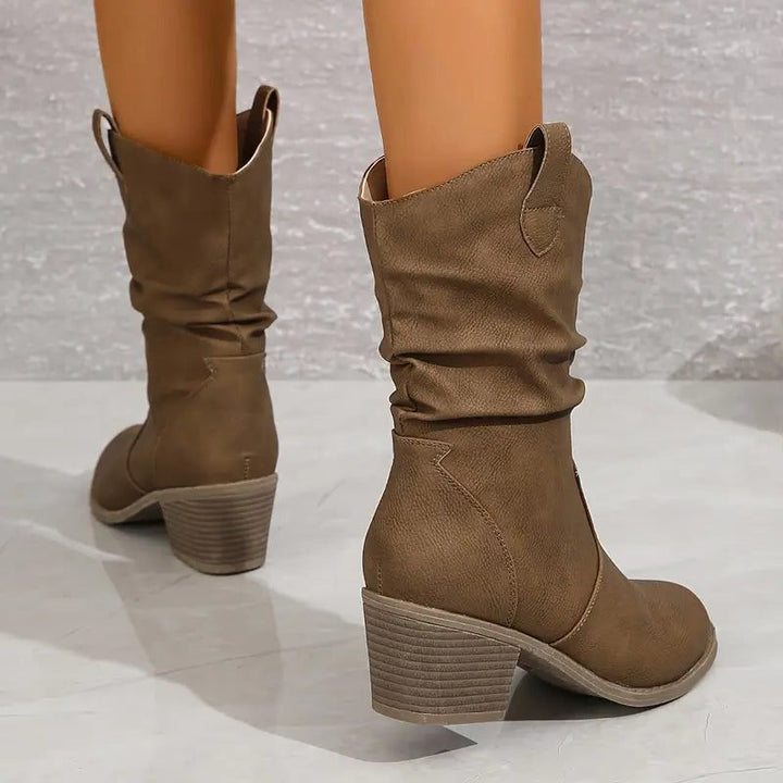 Colvara | Women's Slouchy Mid-Calf Block Heel Boots