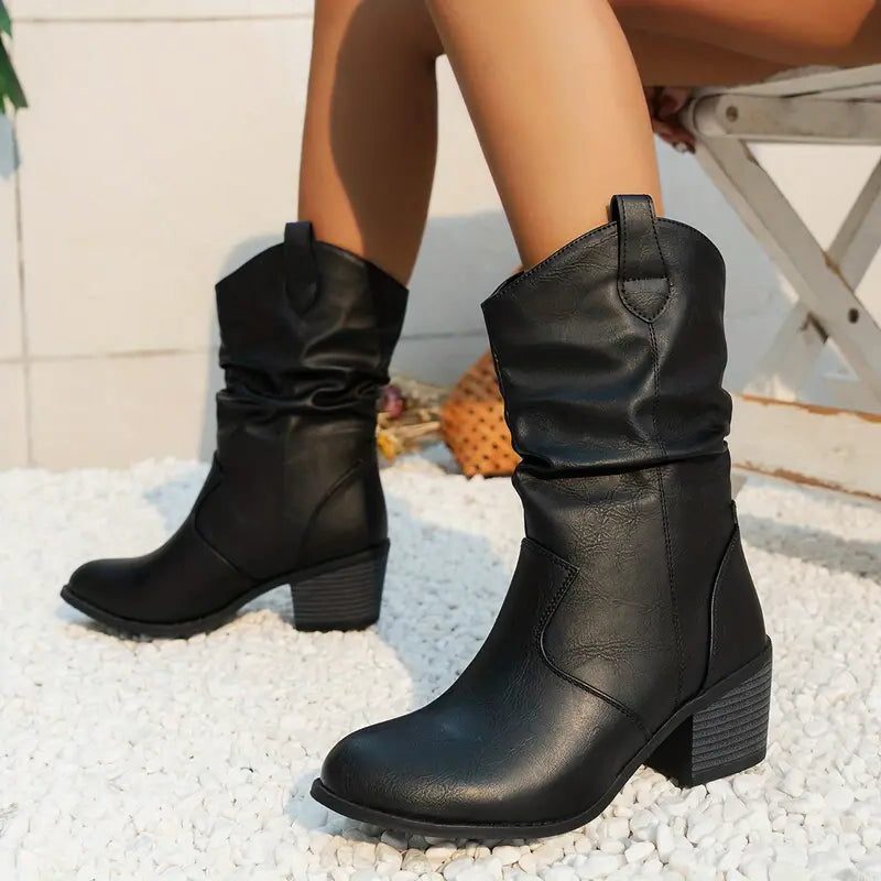 Colvara | Women's Slouchy Mid-Calf Block Heel Boots