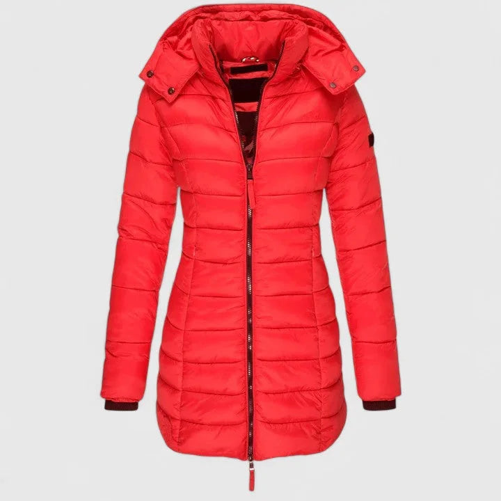 Women's quilted zip-up hood puffer coat with ribbed cuffs