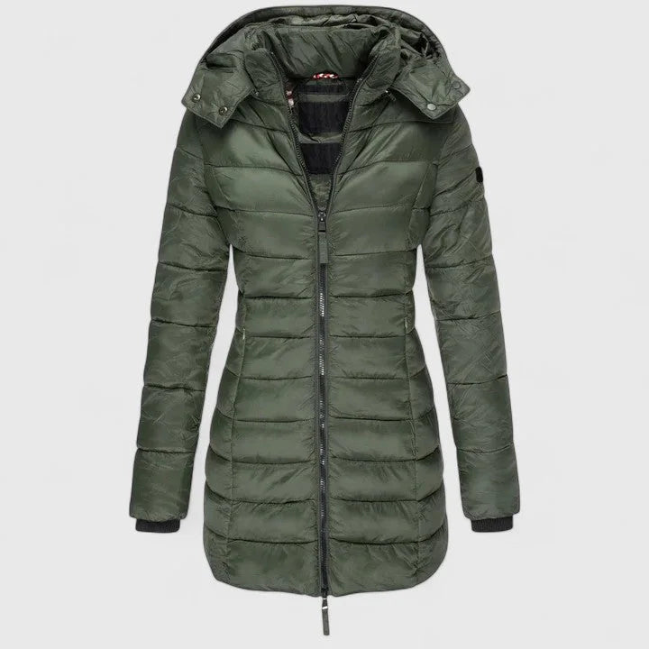 Women's quilted zip-up hood puffer coat with ribbed cuffs