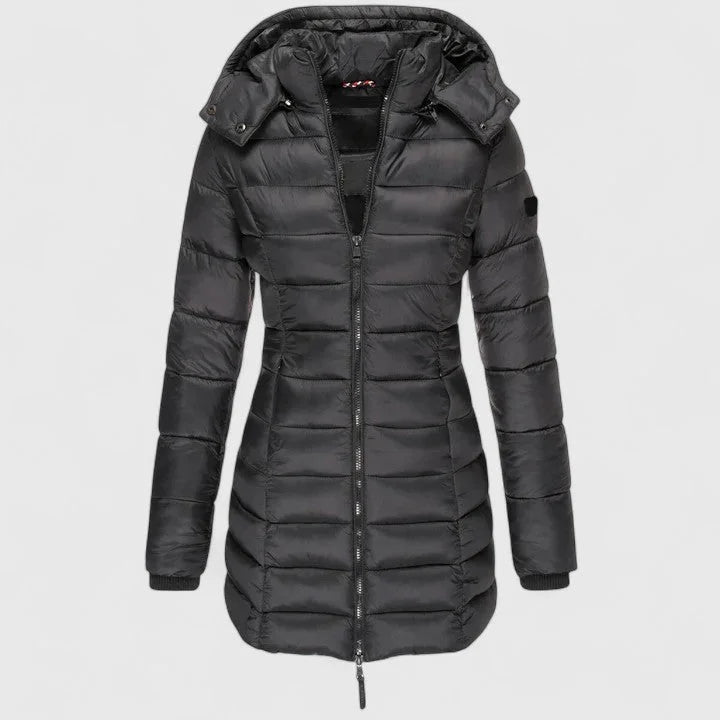 Women's quilted zip-up hood puffer coat with ribbed cuffs