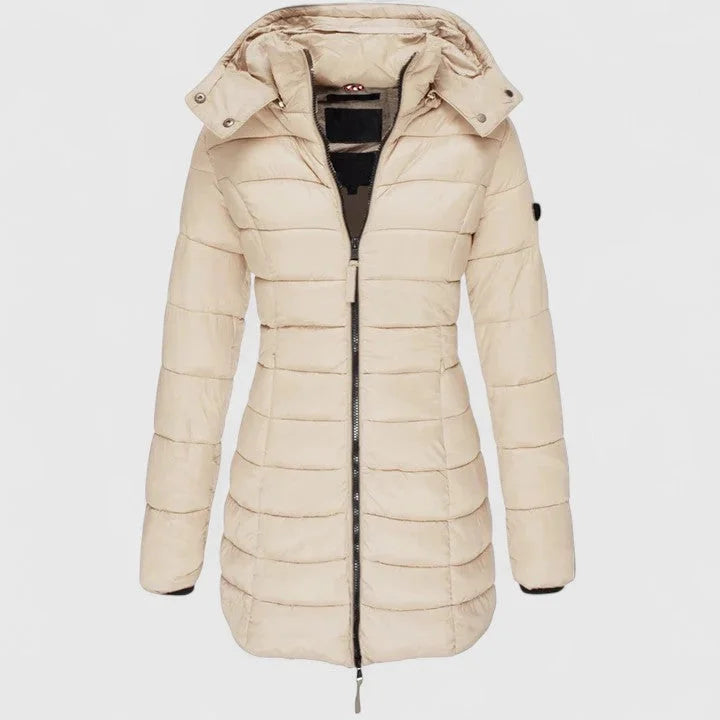 Women's quilted zip-up hood puffer coat with ribbed cuffs