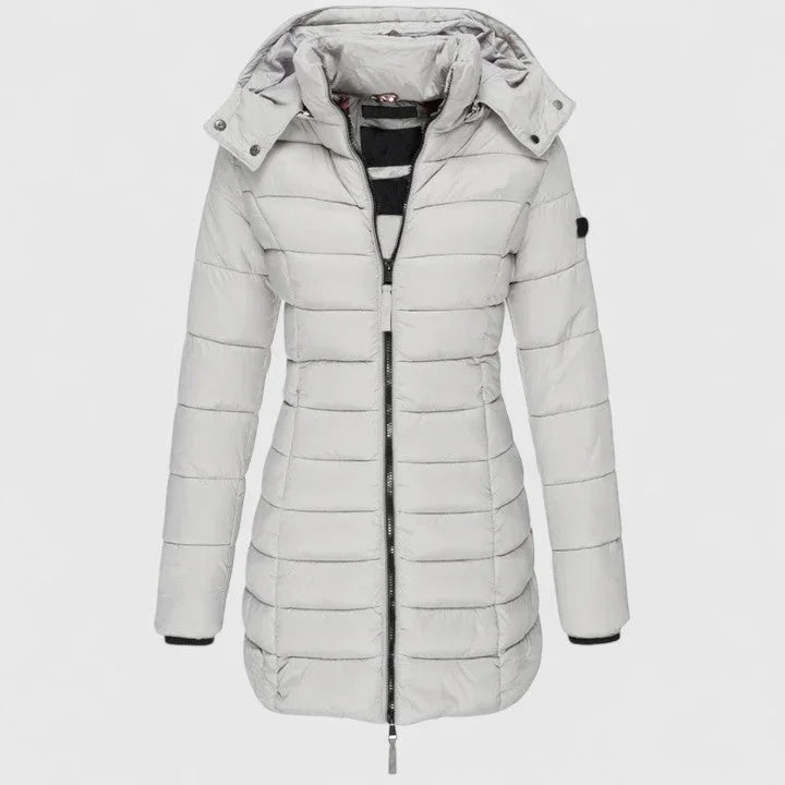 Women's quilted zip-up hood puffer coat with ribbed cuffs