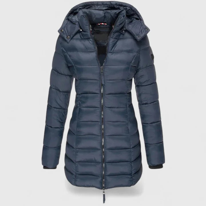 Women's quilted zip-up hood puffer coat with ribbed cuffs