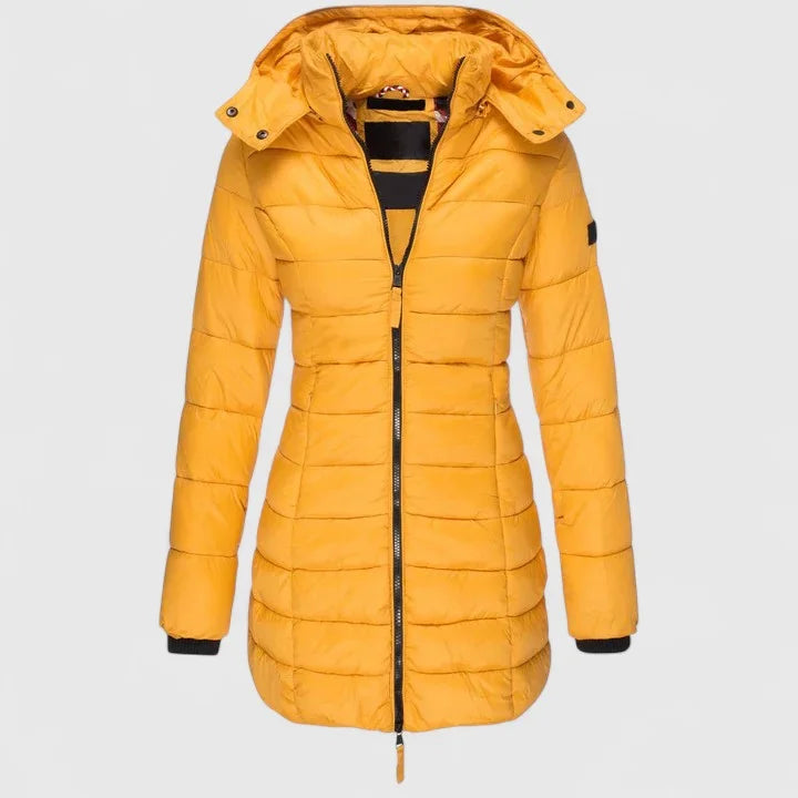 Women's quilted zip-up hood puffer coat with ribbed cuffs
