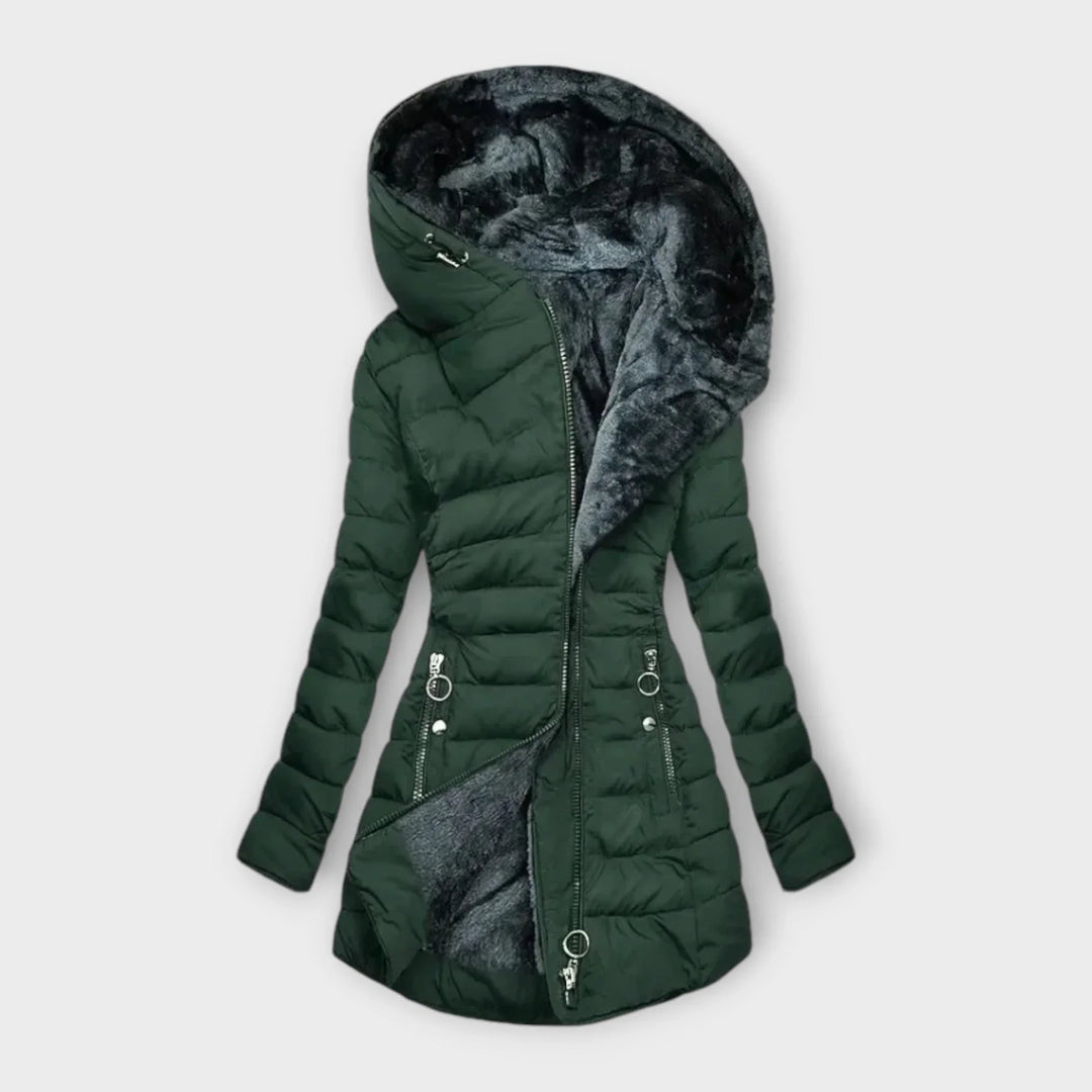 Women's quilted zip-up hood puffer coat with faux fur lining