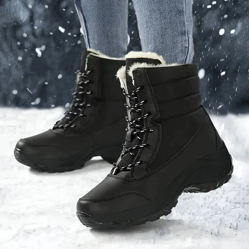 Women's waterproof snow boots with faux fur trim lace up ankle style