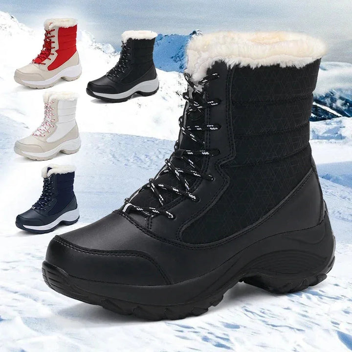 Women's waterproof snow boots with faux fur trim lace up ankle style