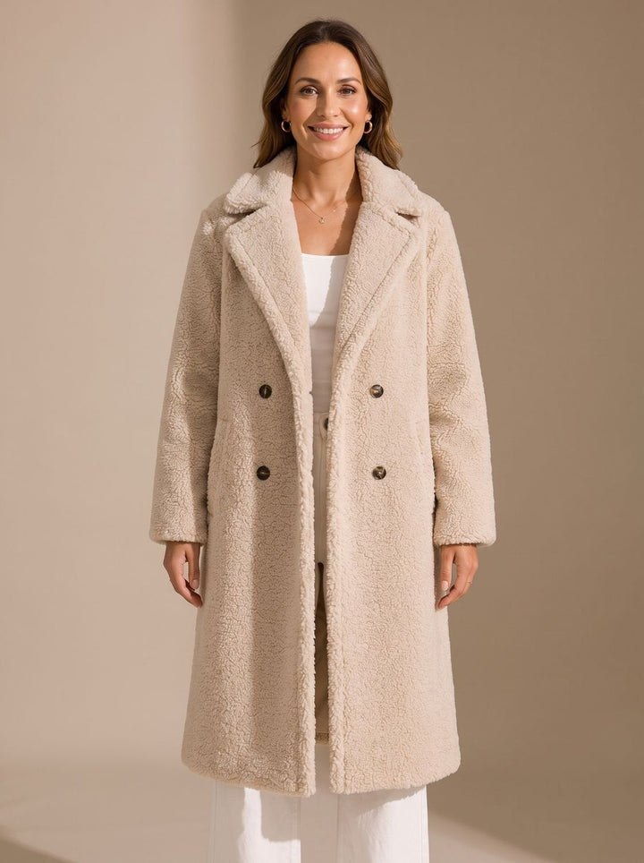 Jade | Women's Faux Fur Coat Long Double-Breasted Teddy Coat Beige