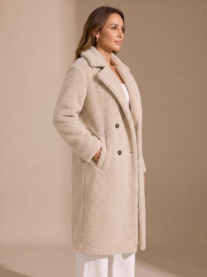 Jade | Women's Faux Fur Coat Long Double-Breasted Teddy Coat Beige