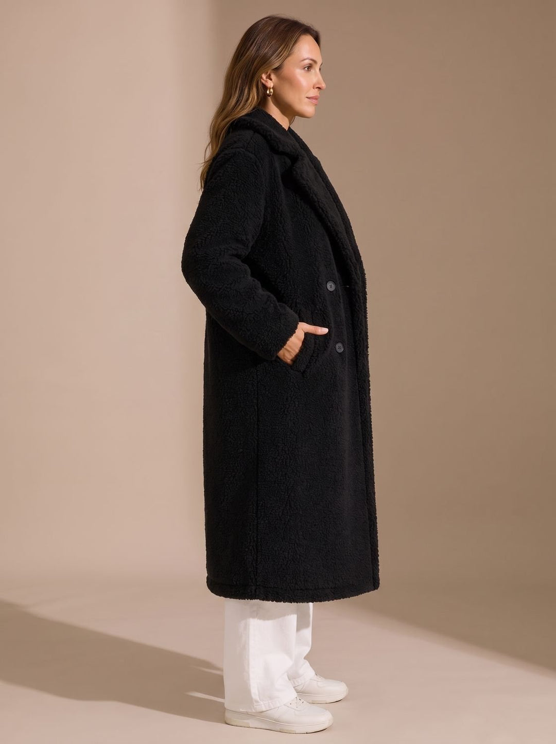 Jade | Women's Faux Fur Coat Long Double-Breasted Teddy Coat Beige